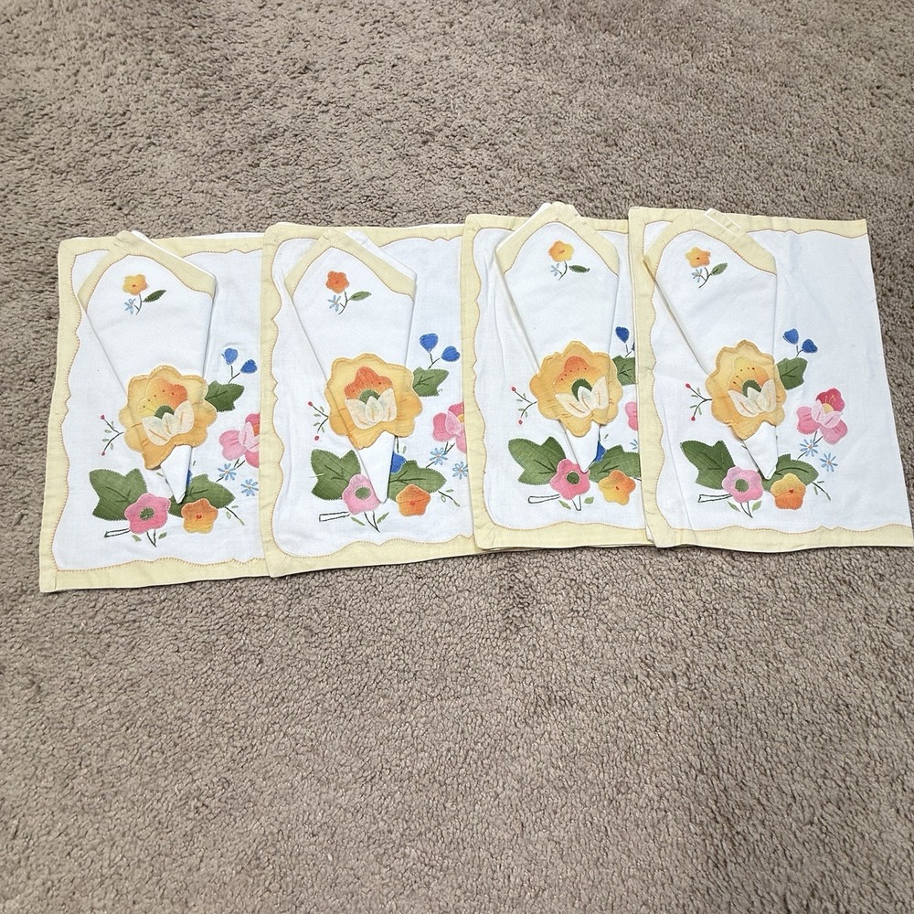 Embroidered Floral Placemats Napkins Yellow Trim Tea Garden Party Handmade 4